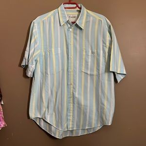 😄Y2K yellow blue stripes short sleeve shirt buttons. B3